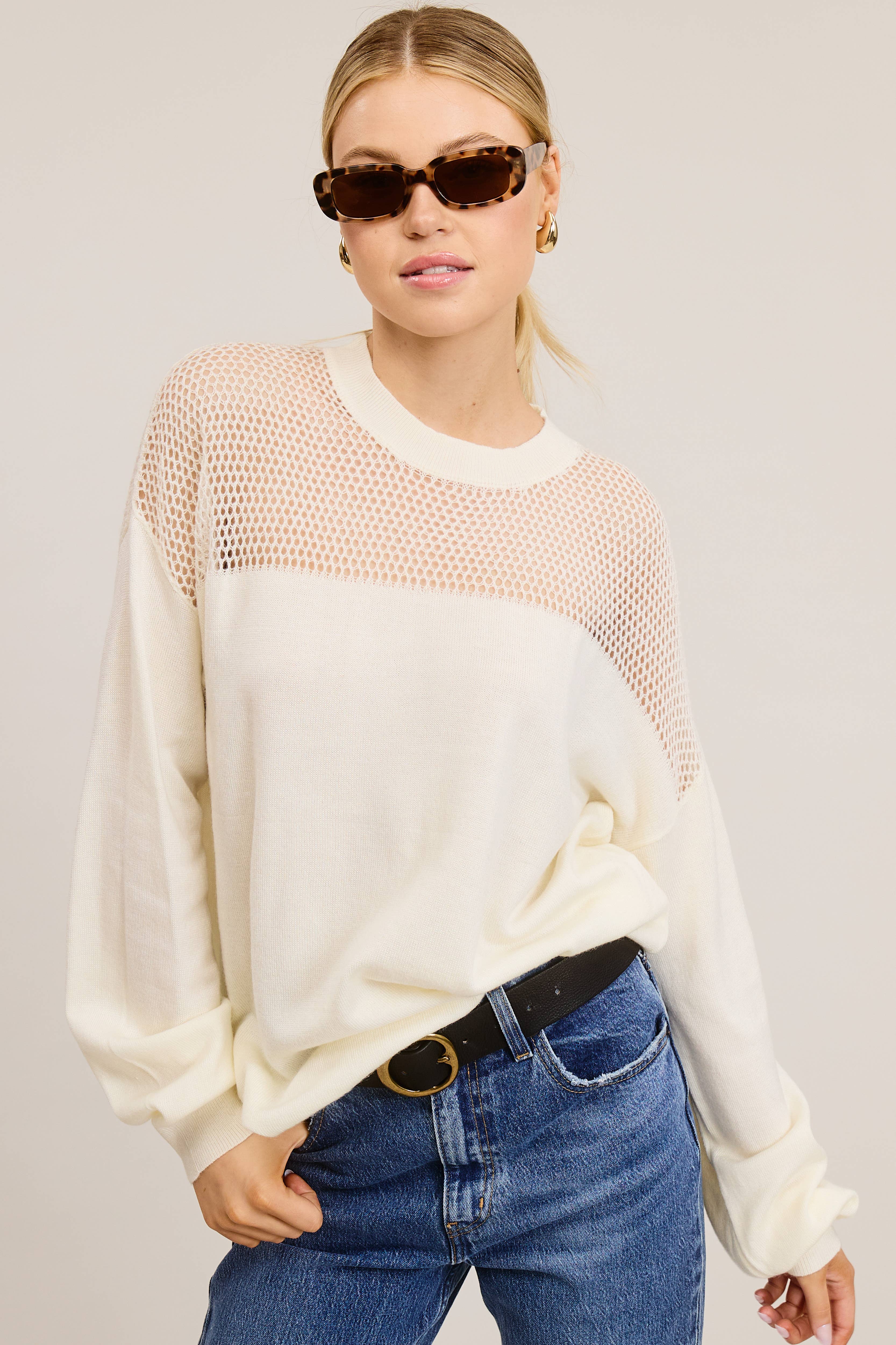 Mimosa - Wholesale Knit Sweater - Women's - Crochet Mesh Long Sleeve Knit Sweater12
