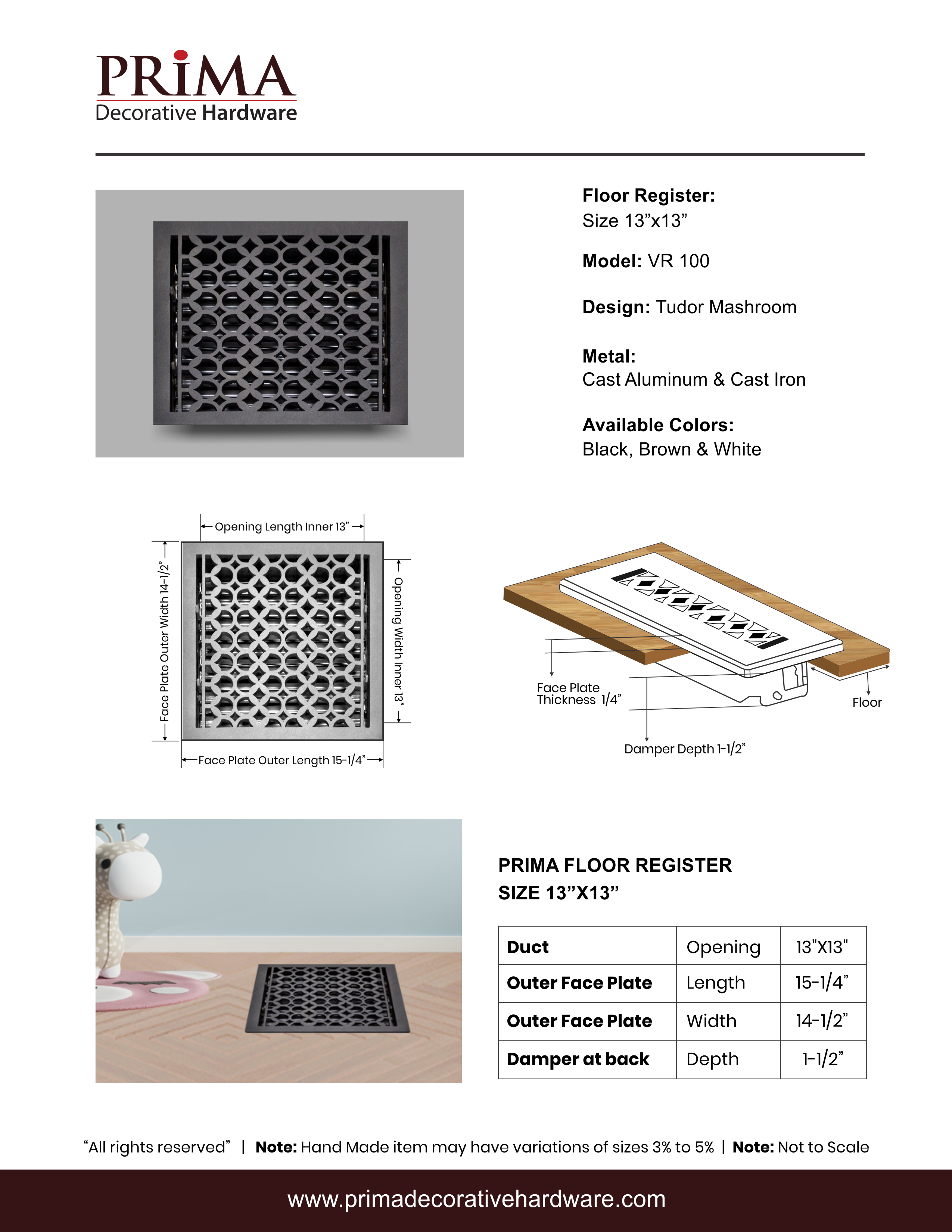 PRIMA DECORATIVE HARDWARE INC – Engroshandel VVS-artikler – Støbt aluminium gulvregister 13 „x 13" VR-1007