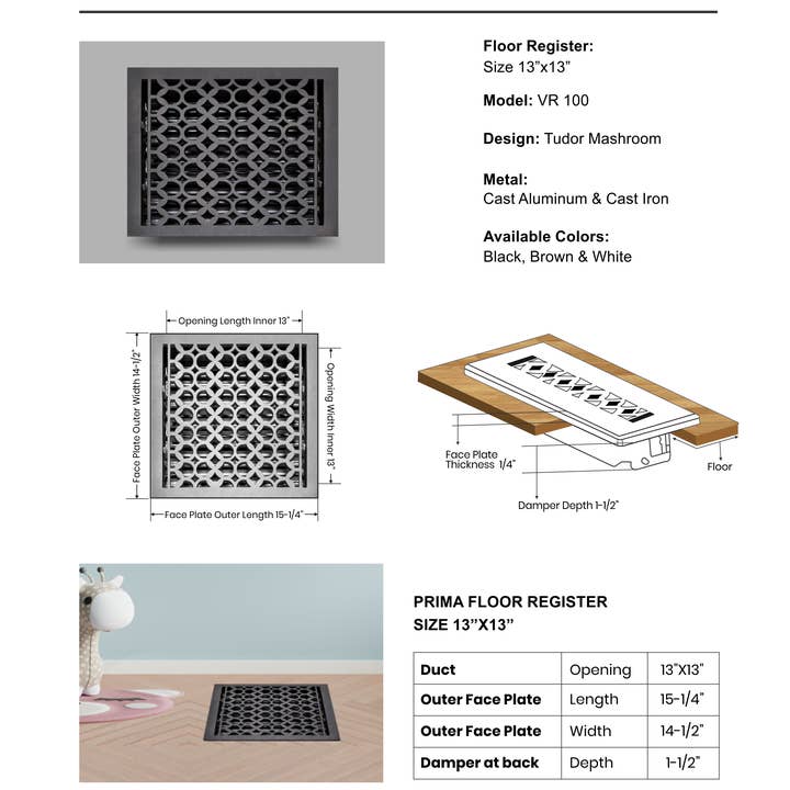 PRIMA DECORATIVE HARDWARE INC – Engroshandel VVS-artikler – Støbt aluminium gulvregister 13 „x 13" VR-1007