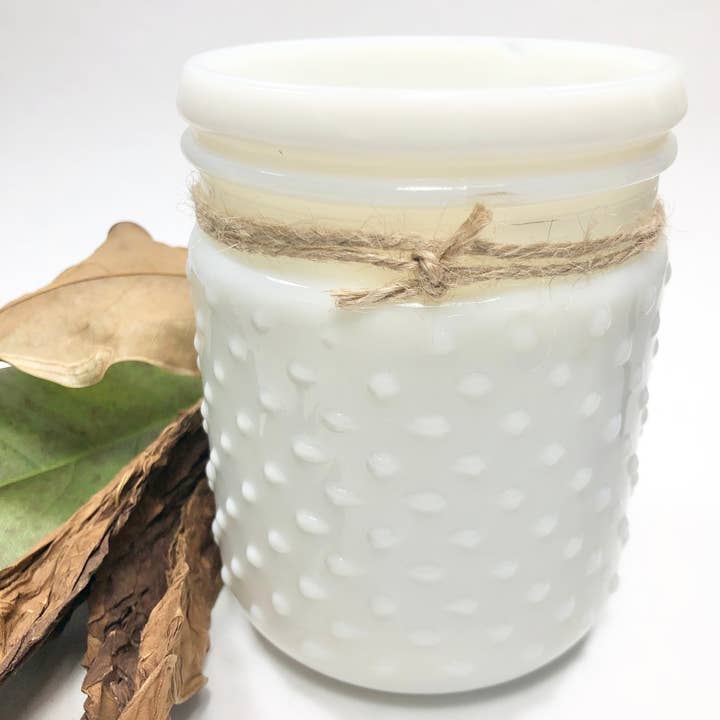 Tobacco Barn Soy Candle in White Hobnail Jar for wholesale by Iron + Pearl, LLC