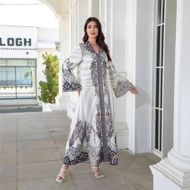 WHITE Stand Collar Print Crystal Beaded Abaya Dress for wholesale on Faire2