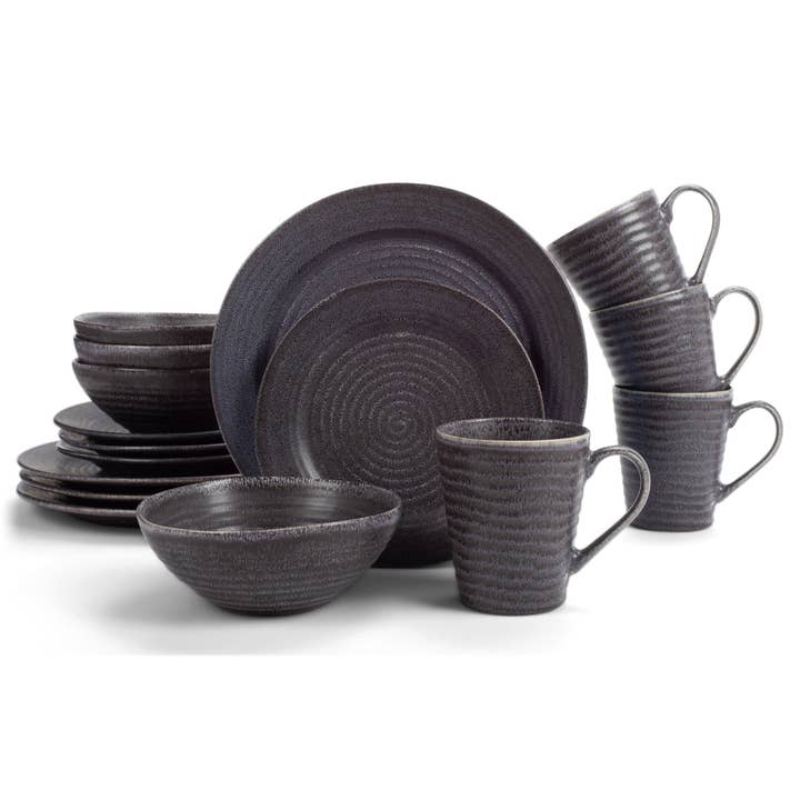 16 Piece Dinner Set Ribbed Black for wholesale by EAST AVENUE