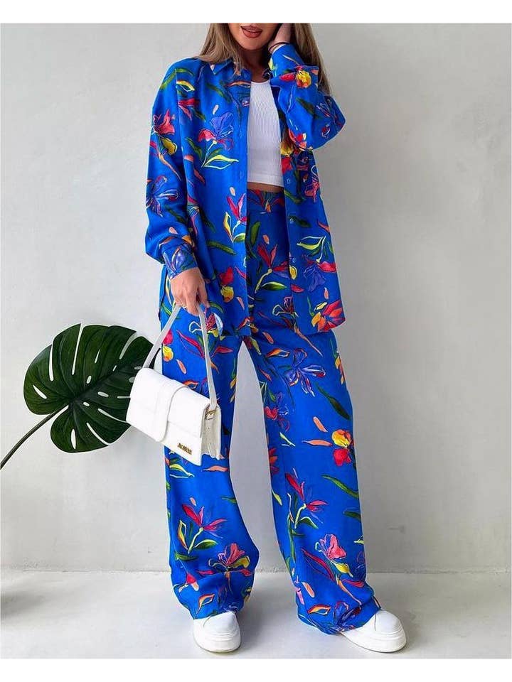 Stylish blue plant print shirt wide-leg pants casual set for wholesale on Faire