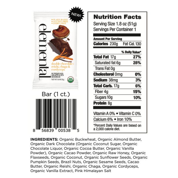 Elemental Superfood - Wholesale Snack Bar - Double Chocolate + Reishi, Chaga & Cordyceps1