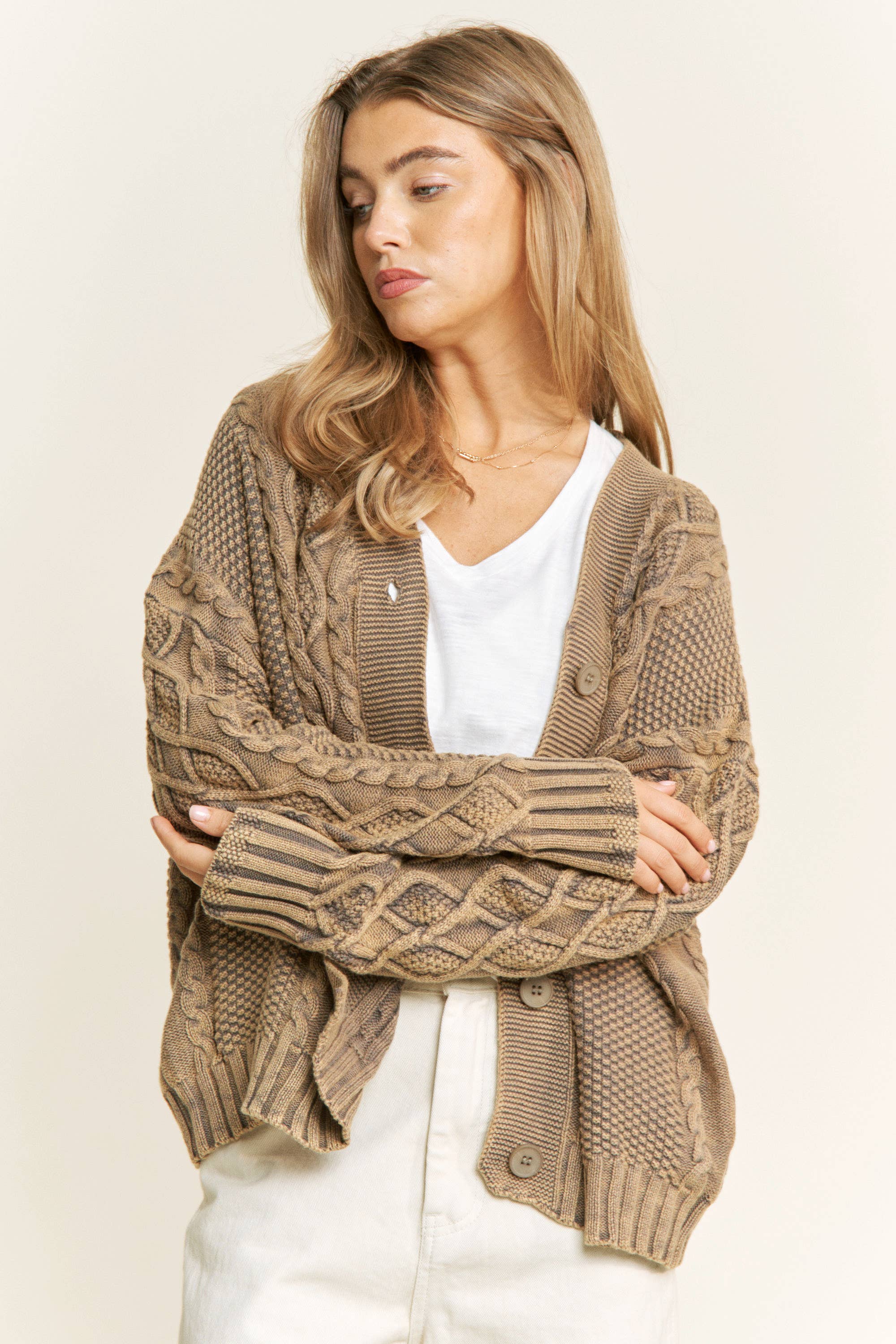 Sweet Generis - Wholesale Cardigan - Women's - WASHED VINTAGE CABLE KNIT CARDIGAN6