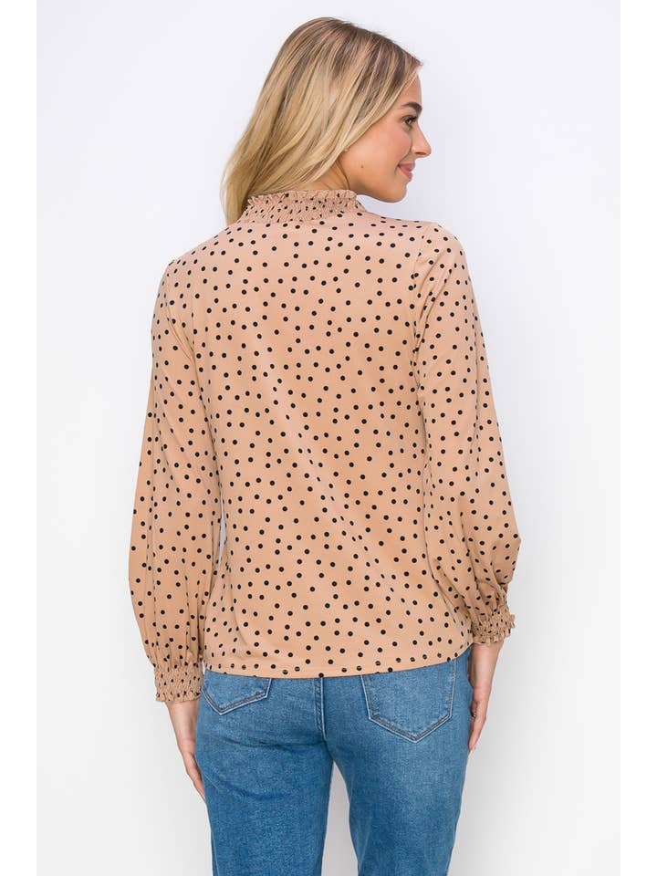 Taupe Black Smocking Keyhole Neck Long Sleeve Knit Blouse for wholesale on Faire3