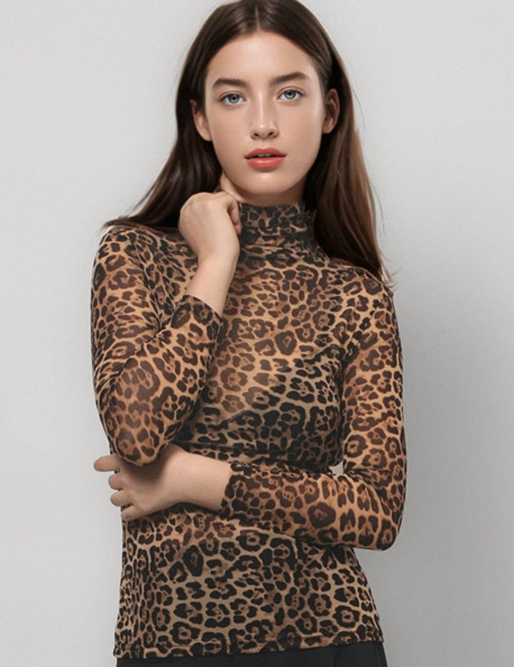 Dipped Shop - Wholesale Blouse - Women's - Leopard Print HIgh Collar Slim Fit Sexy Mesh Top DPT47961