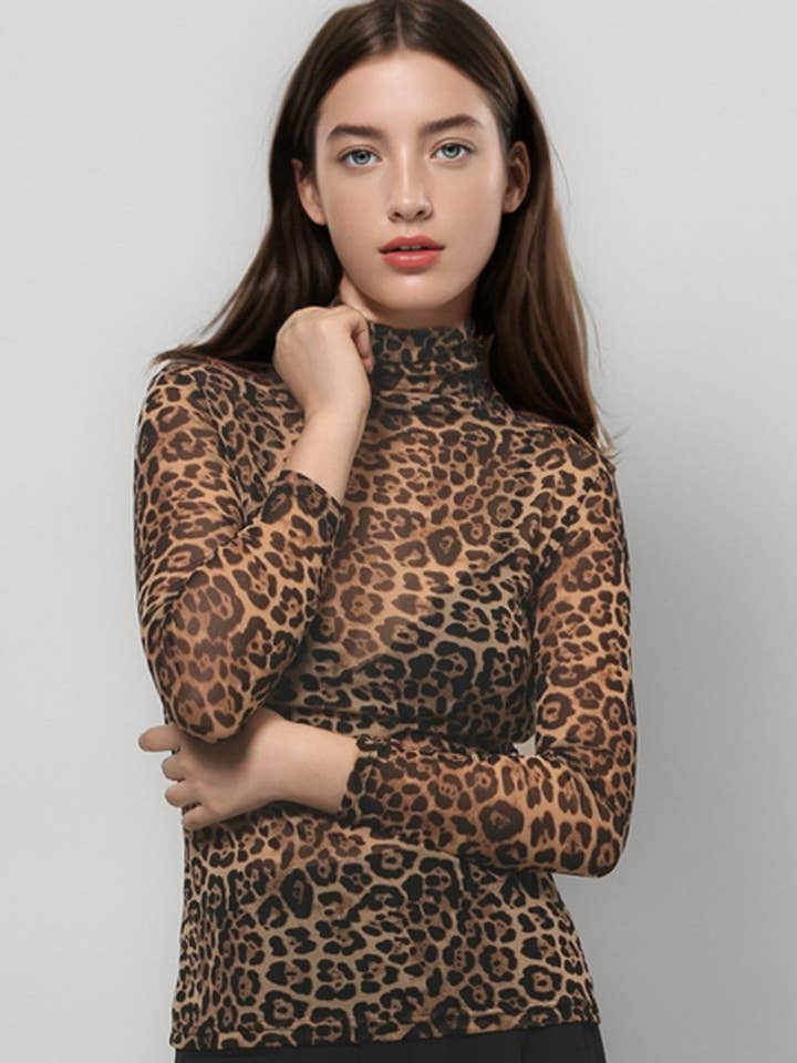 Dipped Shop - Wholesale Blouse - Women's - Leopard Print HIgh Collar Slim Fit Sexy Mesh Top DPT47961