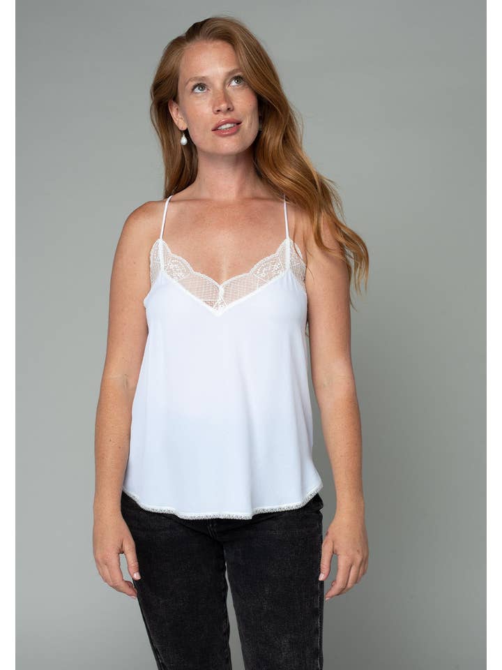 Chalk Silky Crepe Lace Trim Spaghetti Strap Top for wholesale on Faire1