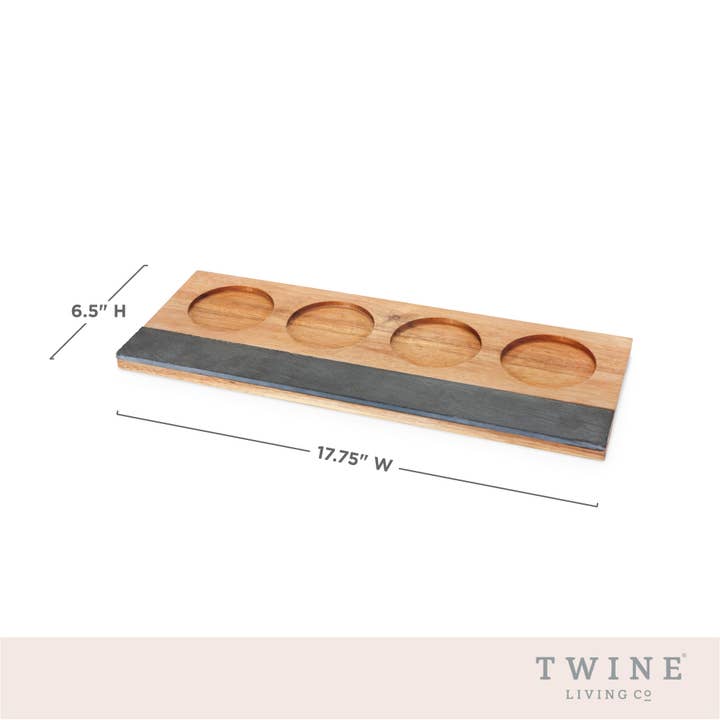 Twine - Wholesale Beer/Wine Caddy - Acacia & Slate 4-Glass Wine Flight Board - Includes Chalk