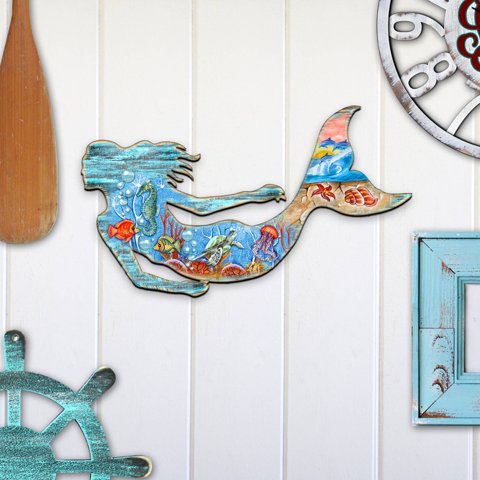 Designocracy - Wholesale Door Hanger - Mermaid Wooden Door Hanger - Rustic Coastal Decor1