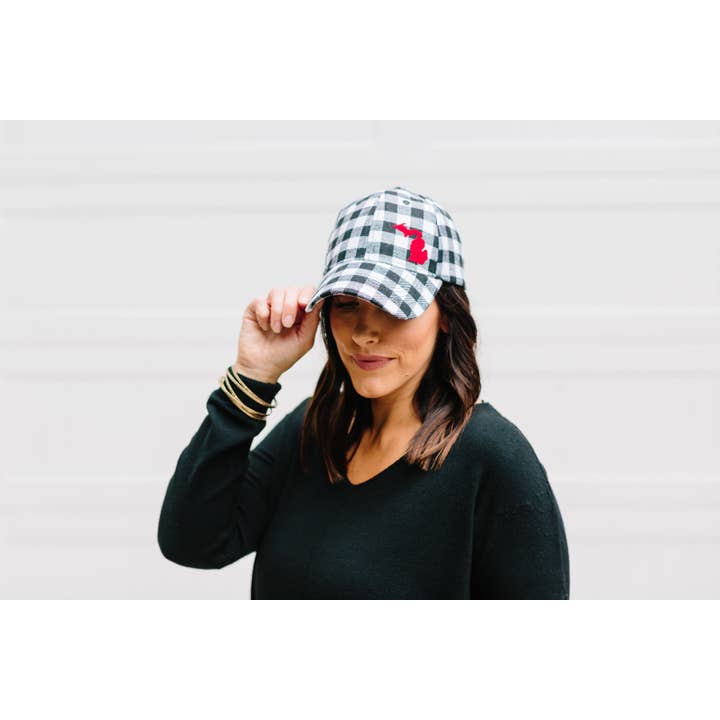 Simply Stated - Wholesale Baseball Cap - Women's - Hat // Michigan ~ White Plaid Flannel Hat + Red Felt MICHIGAN1