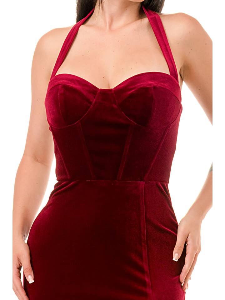 Lovesome - Wholesale Dress - Women's - CD54857: VELVET SEQUIN HALTER NECK SLIP-ON MIDI DRESS