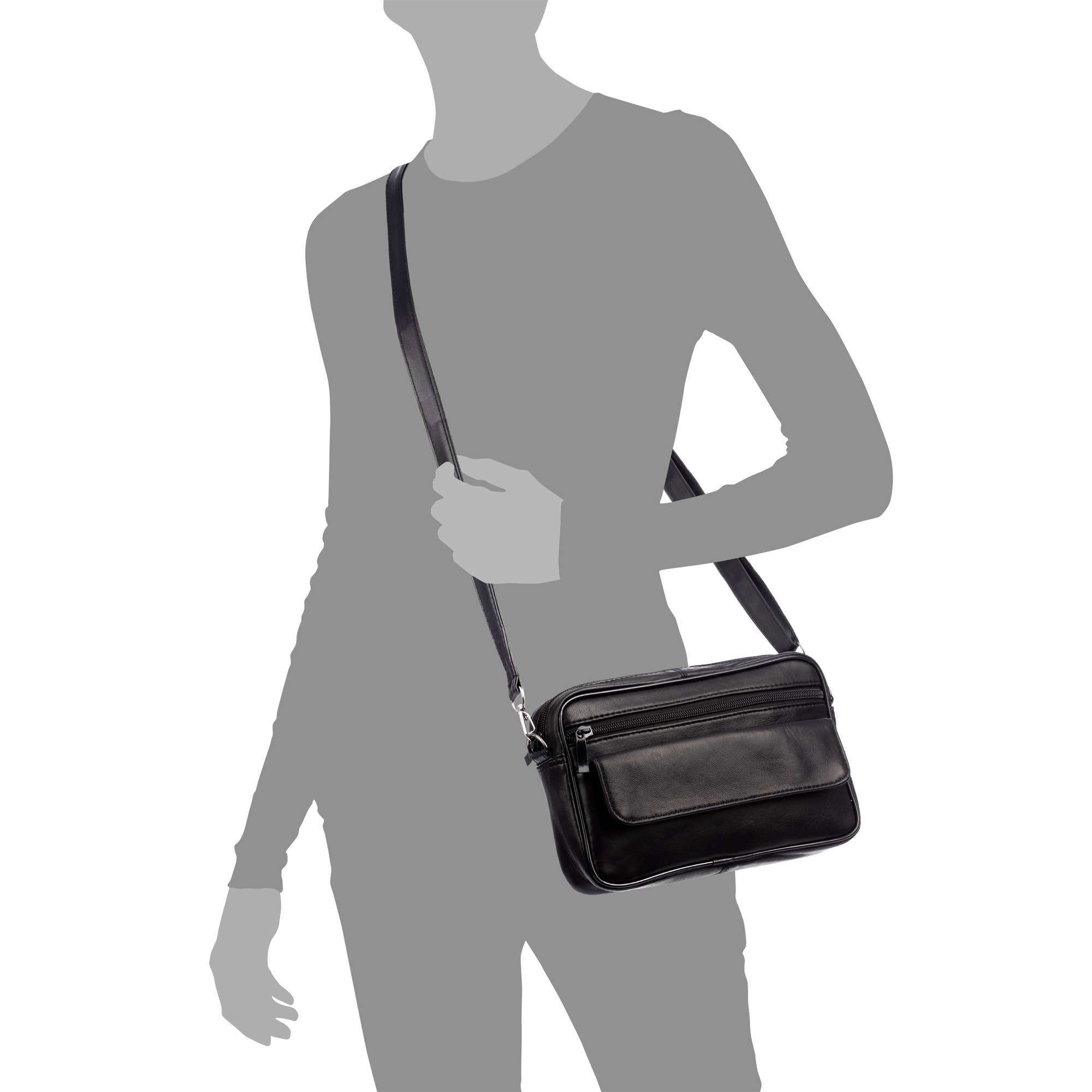 Negro Atri bolso bandolera con 4 compartimentos de piel Dollaro. de venta al por mayor en Faire3