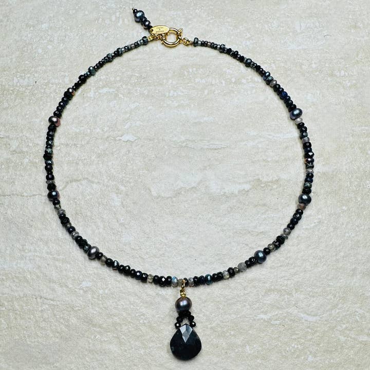 Black Pearl Spinel & Moonstone Pendant Necklace for wholesale by Clarke Palmer