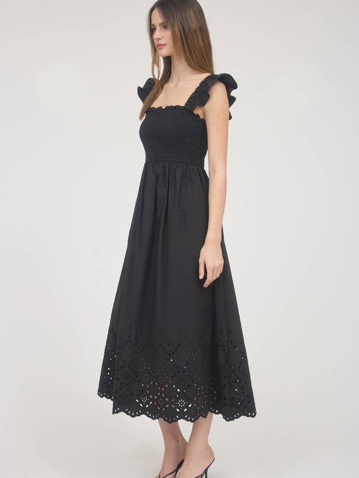 Blu Pepper - Wholesale Dress - Women's - SMOCKED RUFFLE SLEEVE EYELET HEM MIDI DRESS