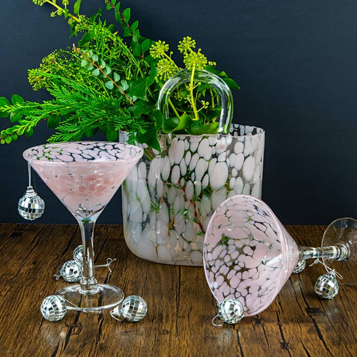 Large handbag vase and martini glass set: Blush Pink for wholesale by The Glass House Wholesale Interiors Ltd.