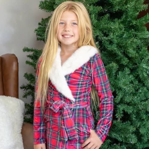 Sugar Bee Clothing - Wholesale Robe - Kids - Christmas 2025 Pajamas -Girls Fur Trimmed Robe - Tartan0