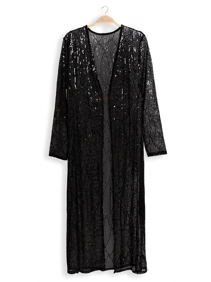 Cardigan long kimono à paillettes noir à paillettes pour la vente par Pretty Attitude Clothing