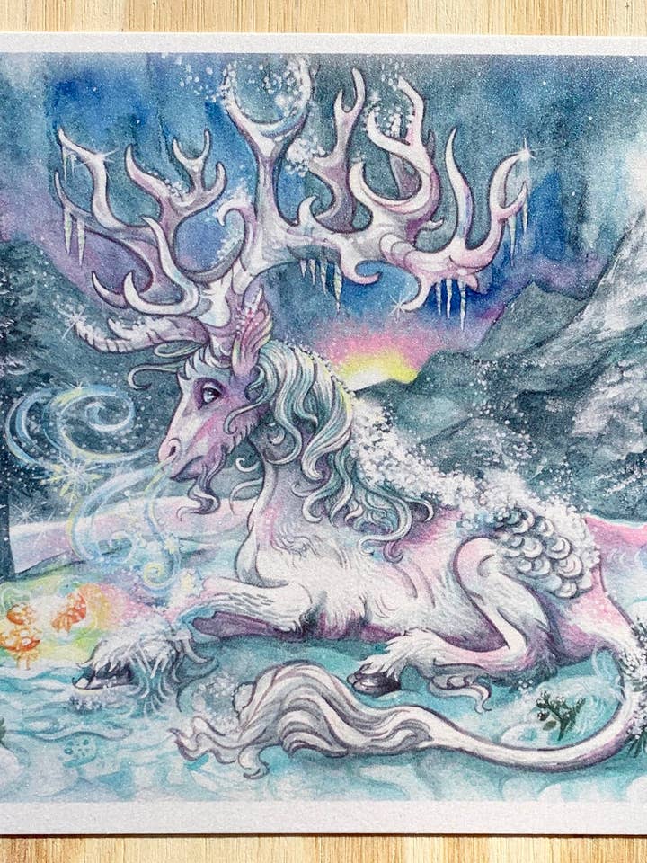 Impression Édition Limitée "Cerf des Neiges" Petit 6" x 9" pour la vente par Secret Creatures