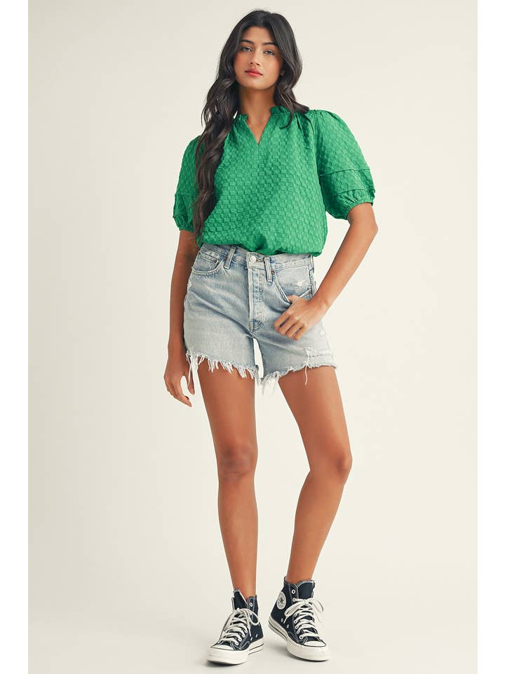 Bright Green LDC Textured Puff Short Sleeve Notched V Neck Top for wholesale on Faire