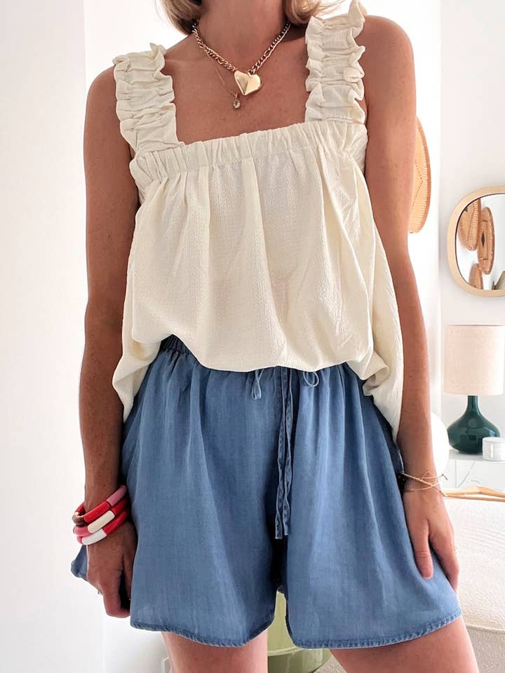 Blue Drawstring Elastic Waist Wide Leg Denim Shorts for wholesale on Faire
