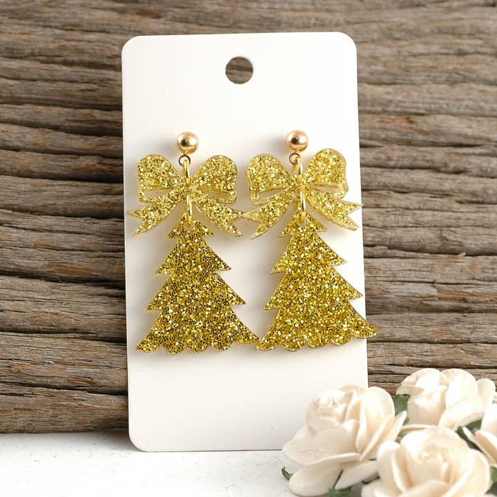 Christmas Tree Earrings | with Bow Dangle Post - Acrylic for wholesale by Rocky Mountain Shops