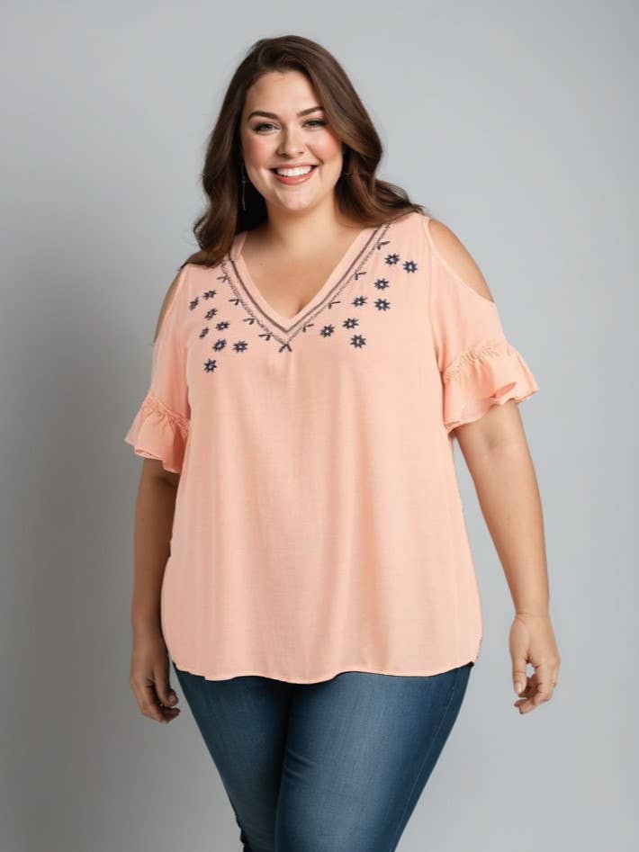 Coral plus size blouse with embroidery (A963) for wholesale by Pomme Rouge Paris