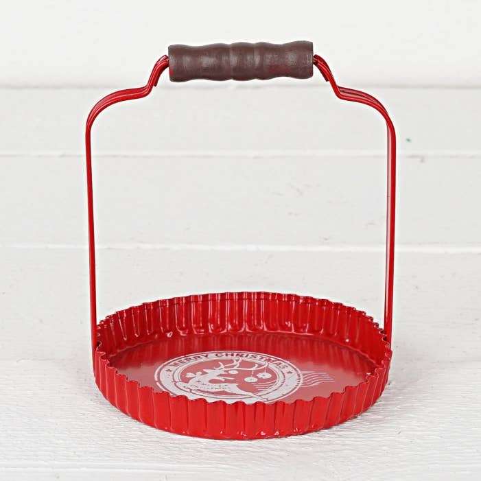 M32622-Red Vintage metal decorative pan w. handle-Reindeer for wholesale by Holiday Depot Inc.