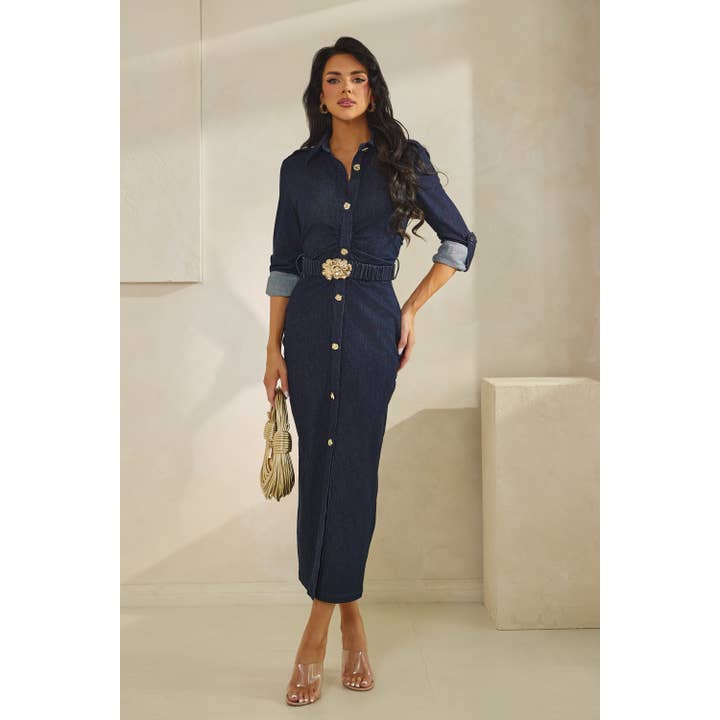 Lavado oscuro Vestido de mezclilla elástico midi LSV con cinturón elástico cubierto. de venta al por mayor en Faire2