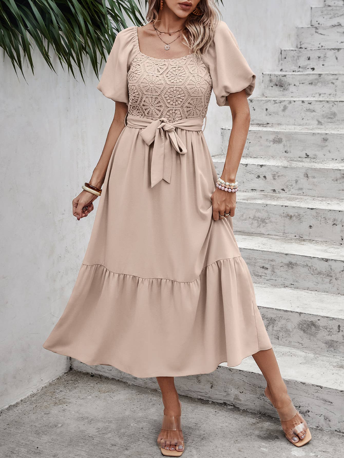 eLook - Wholesale Jurk - Dames - SZ1-DR1008 Midi-jurk met haakdetails en pofmouwen en riem5