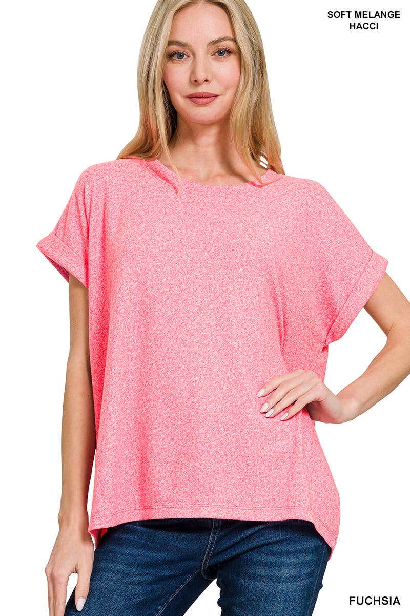 42POPS - Wholesale Knit Top - Women's - `.Soft Melange Folded Sleeve Round Neck Top5