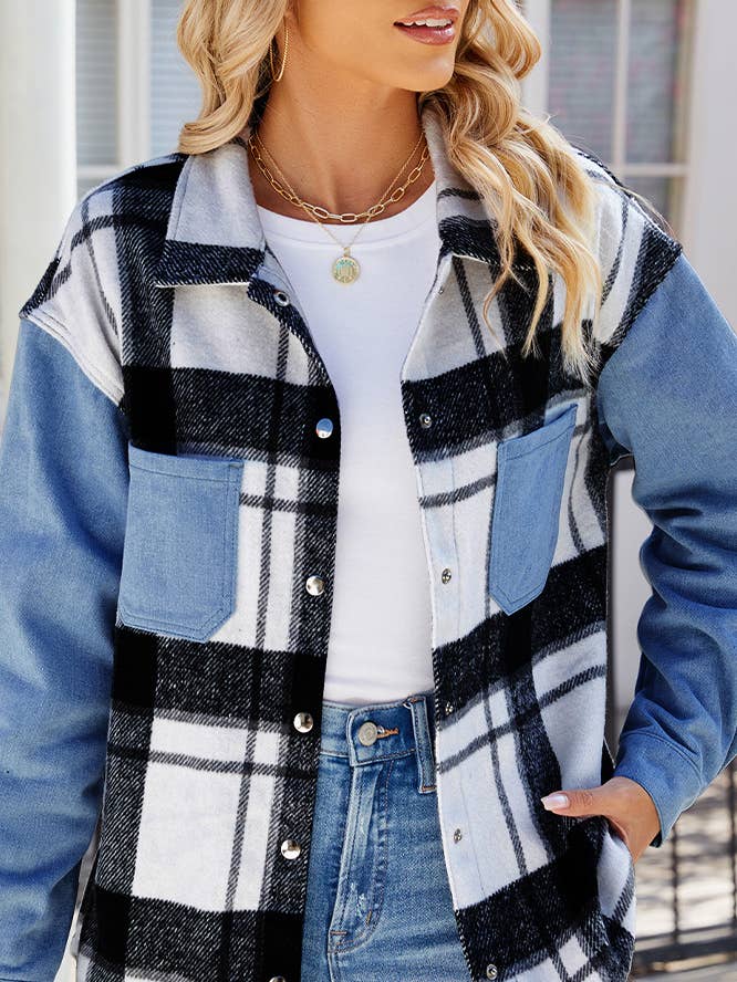 Casaco de ganga em xadrez Patchwork MN56 por atacado de UNISHE