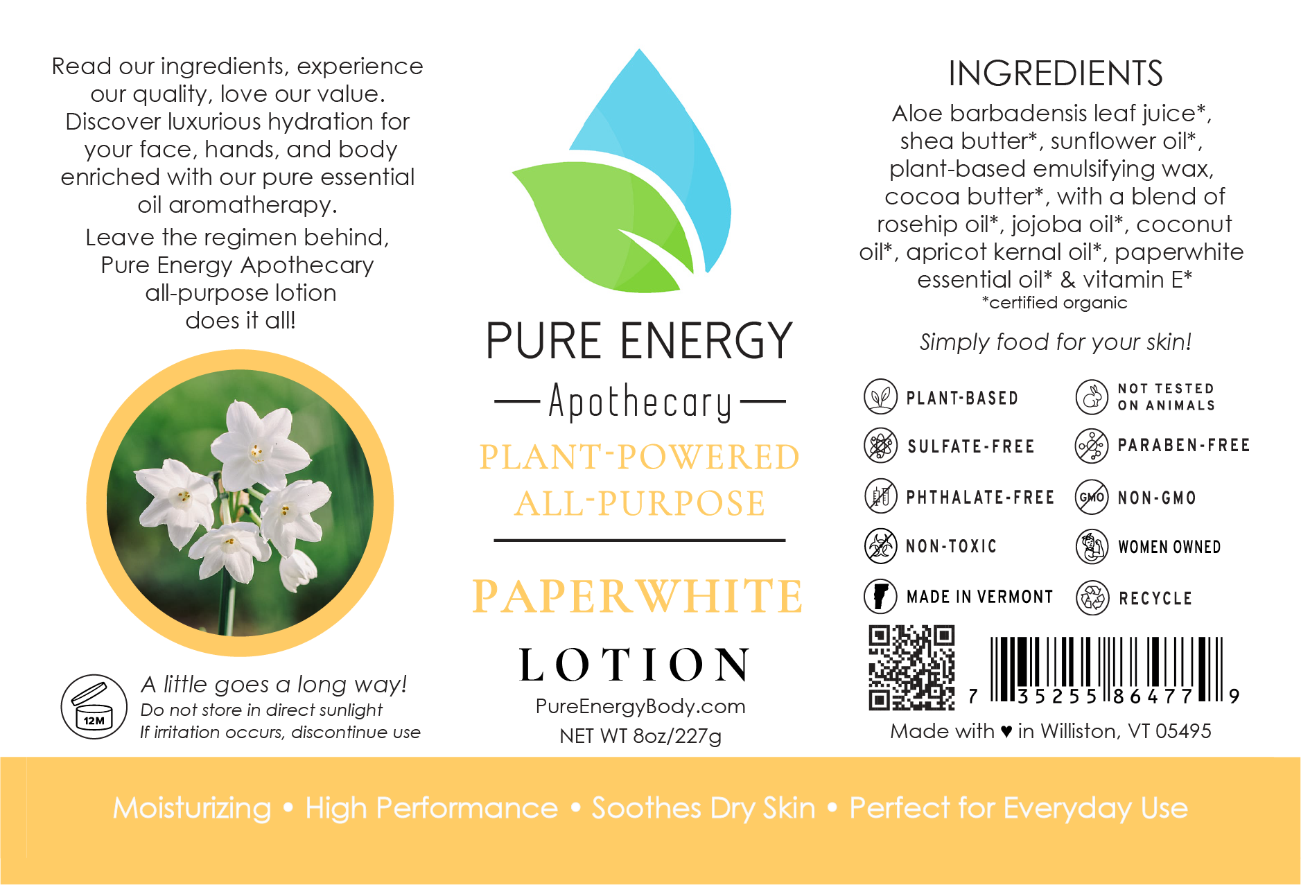 Pure Energy Apothecary - Wholesale Body Cream/Lotion - Natural All Purpose Lotion  8 Oz (Paperwhite)1