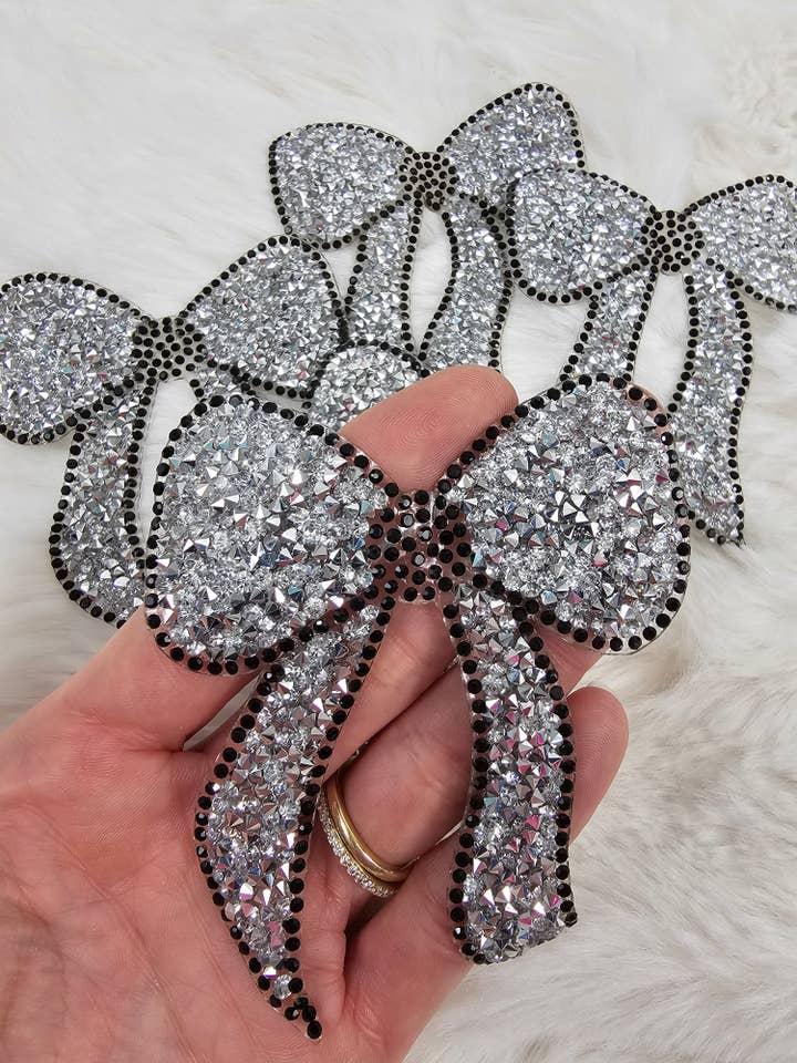 Rhinestone Bow with Black Outline and Silver Iron-on Patch for wholesale by Scratch Decor