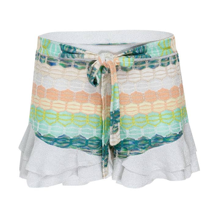 STRIPED FRILL SHORTS IN HONEYCOMB KNIT WITH TIE for wholesale by Ruth Erotokritou Knitwear