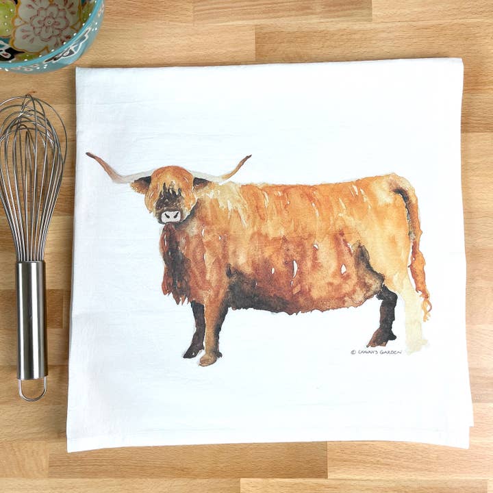 Highland Cow Flour Sack Tea Towel for wholesale by Chavah's Garden – Chavah's Garden