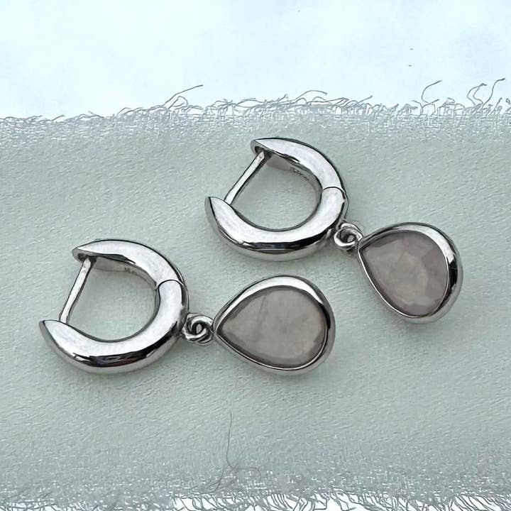 Seed Earrings-925 Sterling Silver-Rose Quartz-Rhodium Plating for wholesale by Claire Mae Company