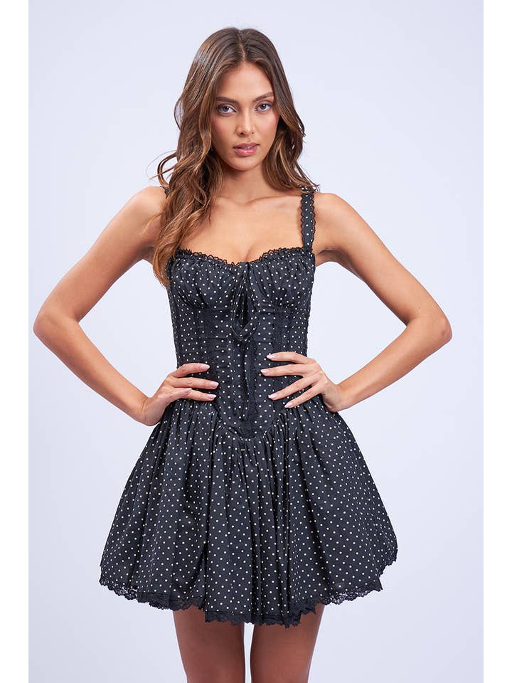 Bydo dots Black -POLKA DOT SWEETHEART OPEN NECK CORSET MINI DRESS for wholesale on Faire