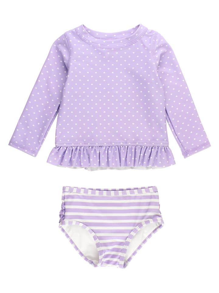 Purple Girls Lavender Heart Polka Dot Long Sleeve Rash Guard 2-Piece Swimsuit with Signature Rear Ruffles
for wholesale on Faire
