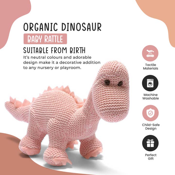 Best Years Ltd - Wholesale Handheld Rattle - Baby - Knitted Organic Cotton Pink Diplodocus Dinosaur Baby Rattle