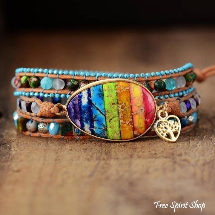 Free Spirit Shop - Wholesale Beaded Bracelet - Mixed Stones & Rainbow Chakra Wrap Bracelet
