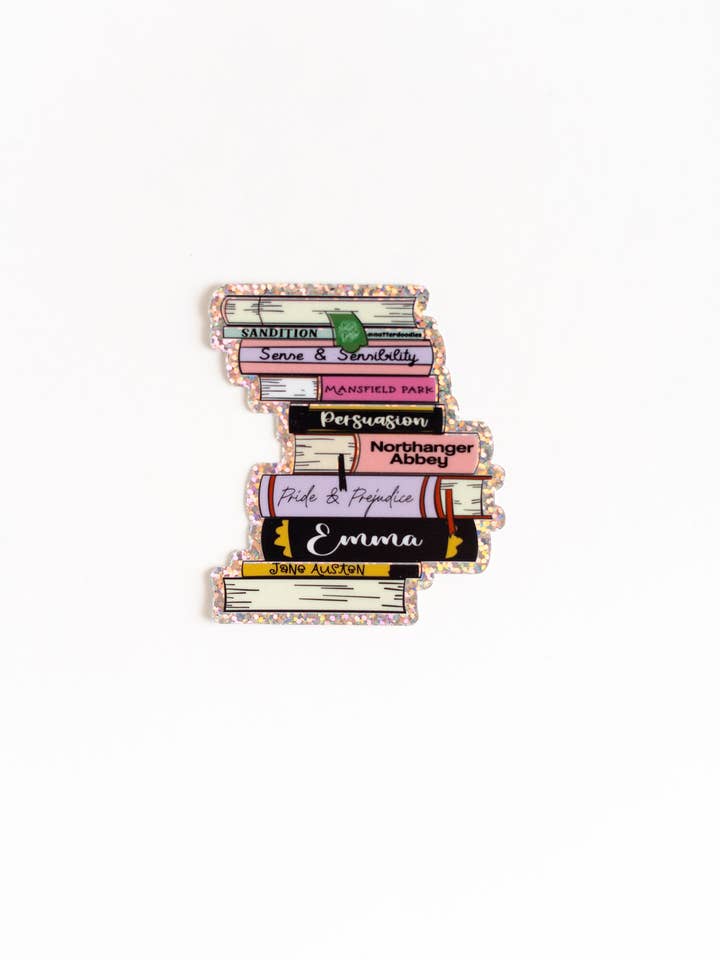 Jane Austen Book Stack Glitter Sticker – Pride and Prejudice for wholesale by NatterDoodle