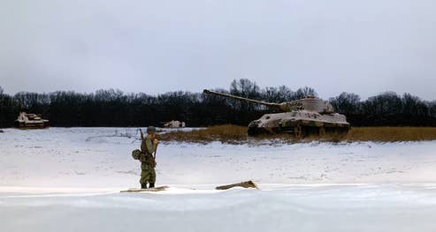 W.Britain Model Figures - Wholesale Decorative Tabletop Object - 51048 -German Armor Abandoned, WWII Scenic Backdrop 31"x13"2