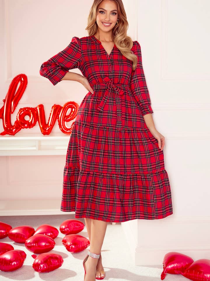 Plaid V Neck 3/4 Sleeve Tie Waist Ruffle Hem Midi Dress for wholesale by 1 the Woman