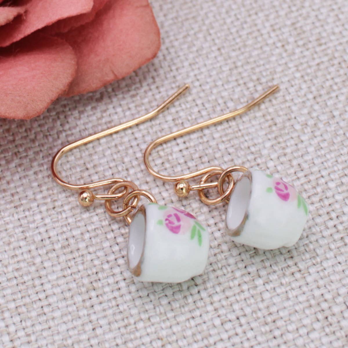 ZAD - Wholesale Dangle Earrings - Tea Time Pink Floral Teacup Gold Earrings4