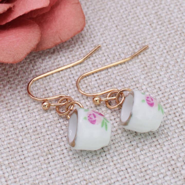 ZAD - Wholesale Dangle Earrings - Tea Time Pink Floral Teacup Gold Earrings4