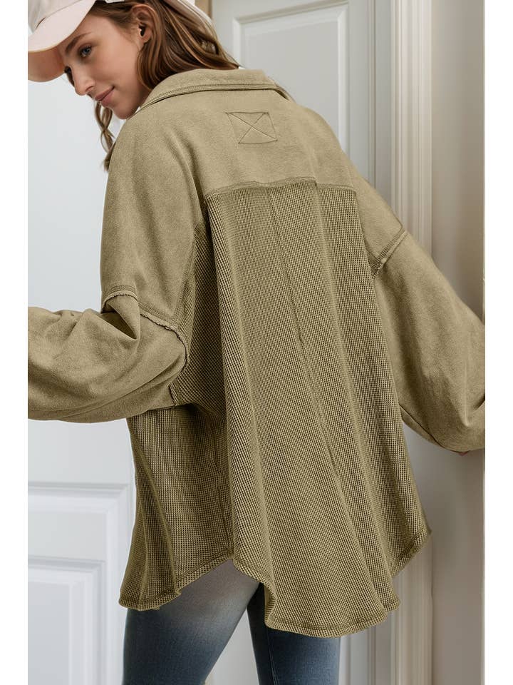 PartyEight - Wholesale Shirt Jacket/Shacket - Women's - Waffle Knit Patchwork Buttoned Oversized Shacket1