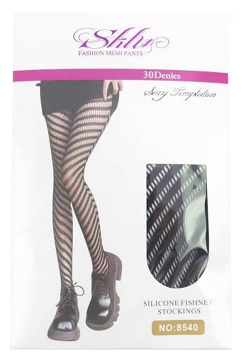 BLACK High Rise Diagonal Stripe Chevon Net Sheer Tight Pantyhose for wholesale on Faire3