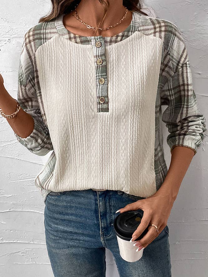 Apricot Raglan Plaid Colorblock Fall Long Sleeves Top for wholesale on Faire